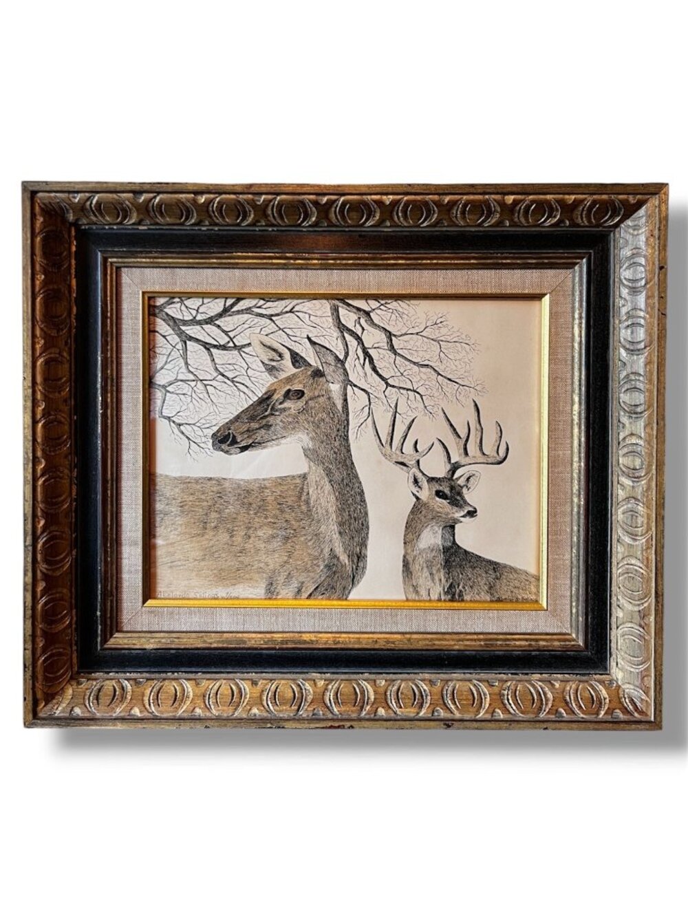 Framed wildlife Albelardo Salinas Pen And Ink Deer Print 7/500 Signed